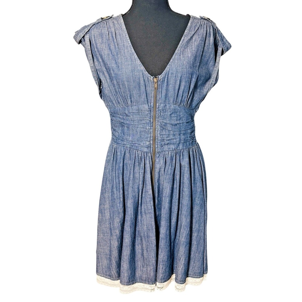 Vtg Y2K Denim Lace Trim Mini Dress Size 7 (XS) Indie Festival Boho Western Retro